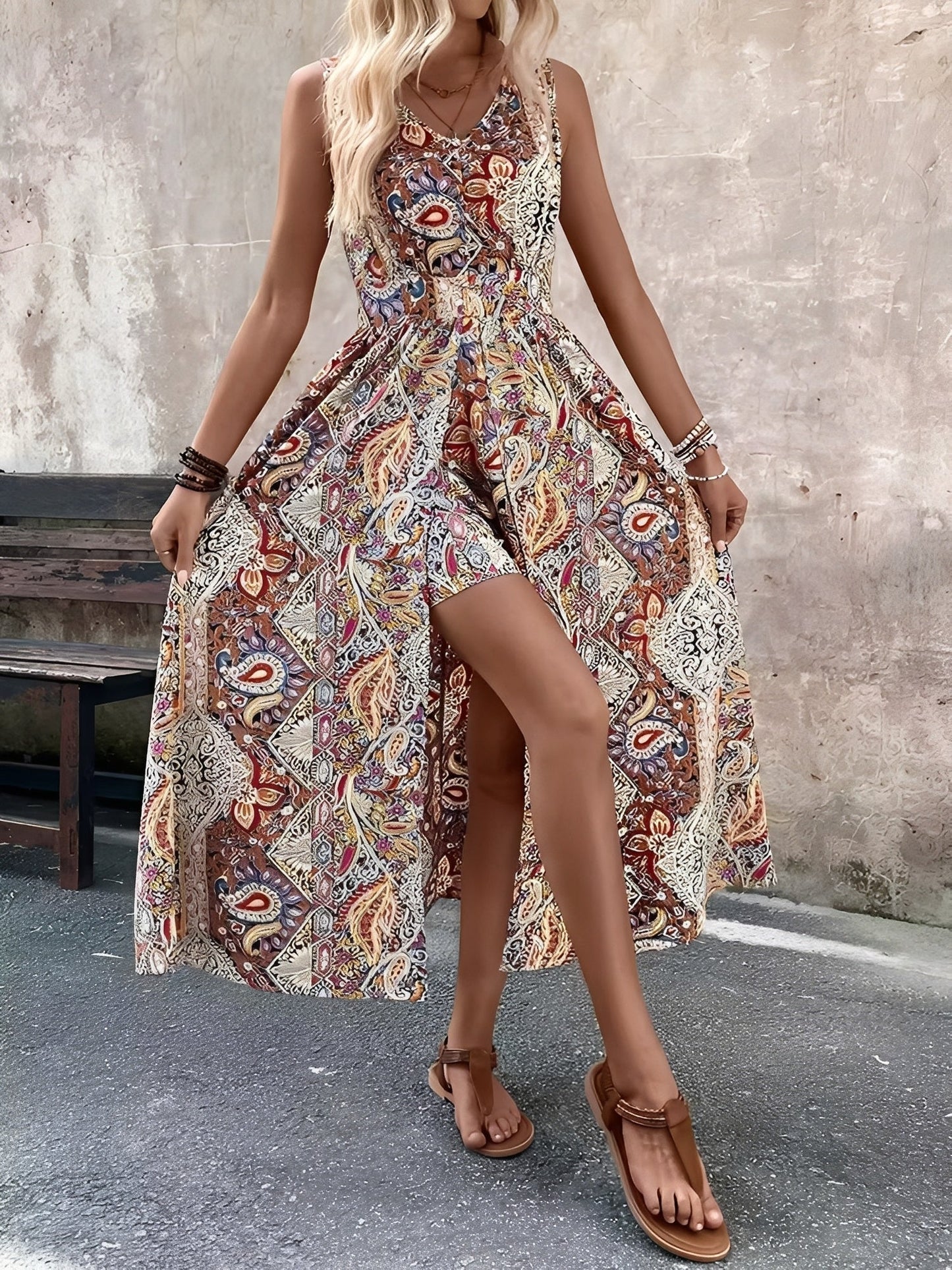 Boho Paisley V Neck Sleeveless Slit Romper Dress