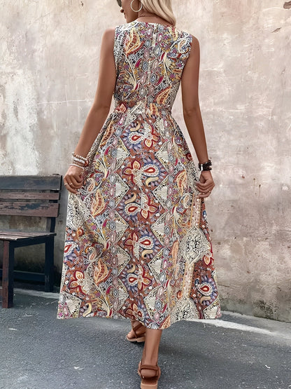 Boho Paisley V Neck Sleeveless Slit Romper Dress
