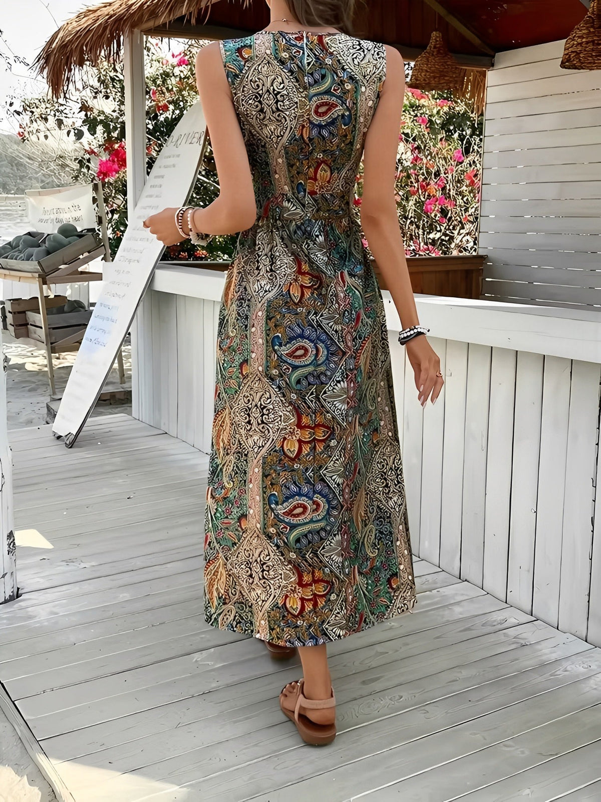 Boho Paisley V Neck Sleeveless Slit Romper Dress