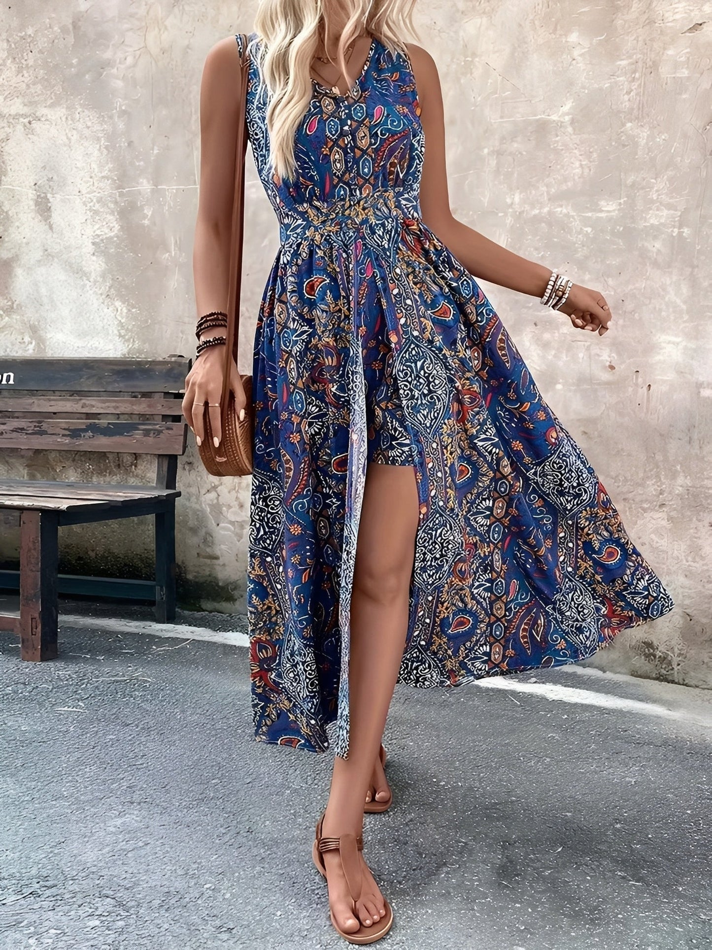 Boho Paisley V Neck Sleeveless Slit Romper Dress
