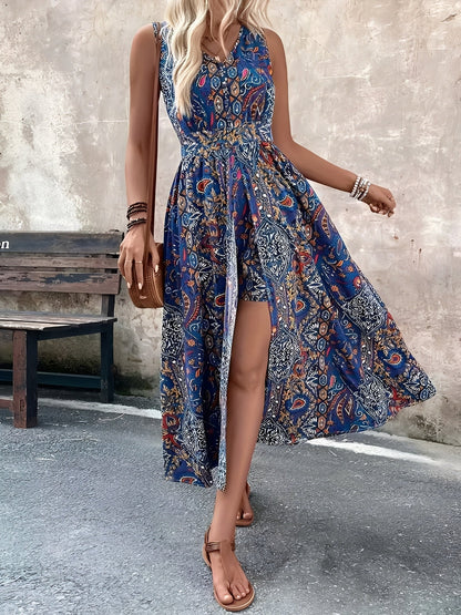 Boho Paisley V Neck Sleeveless Slit Romper Dress