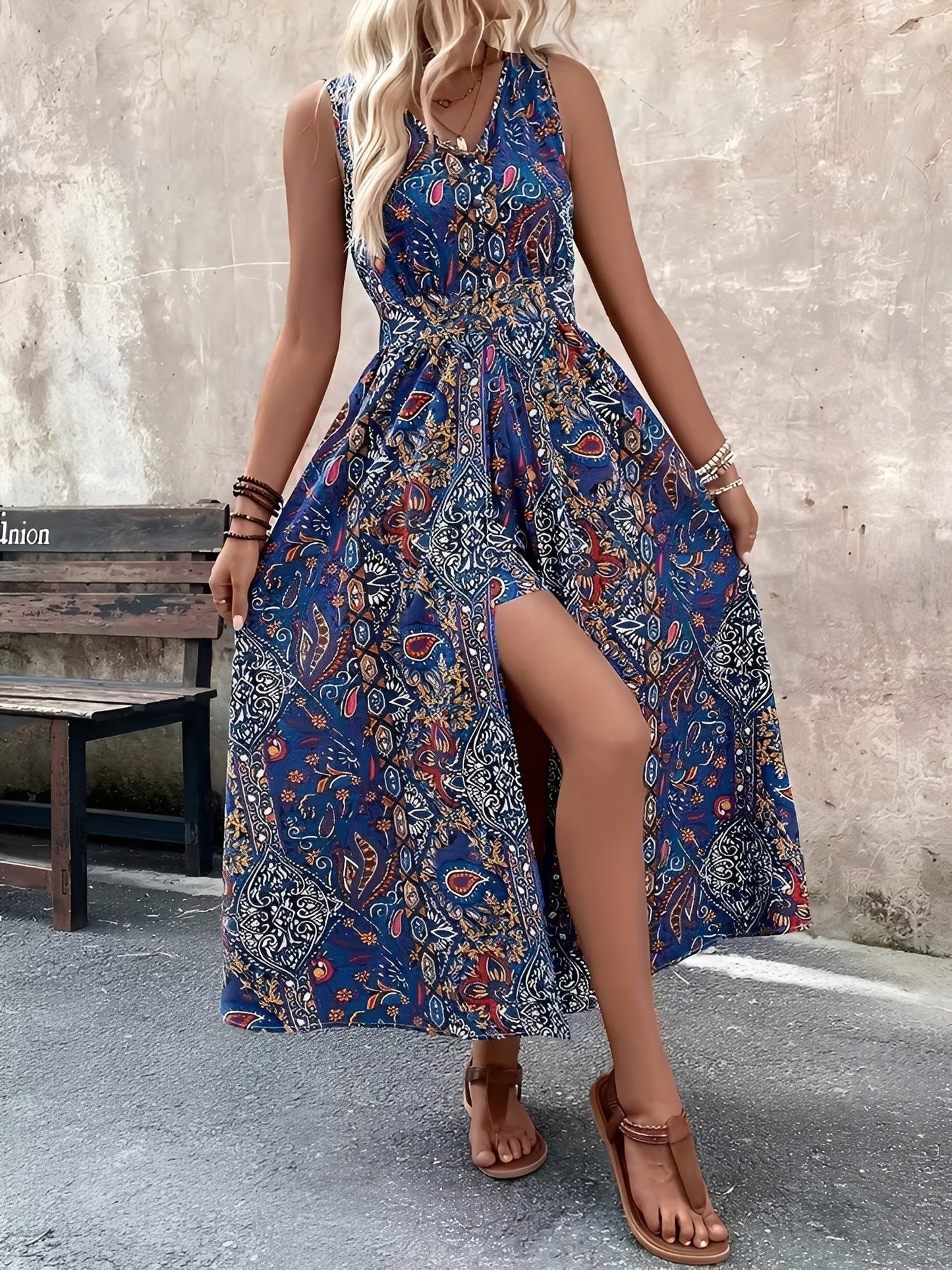Boho Paisley V Neck Sleeveless Slit Romper Dress