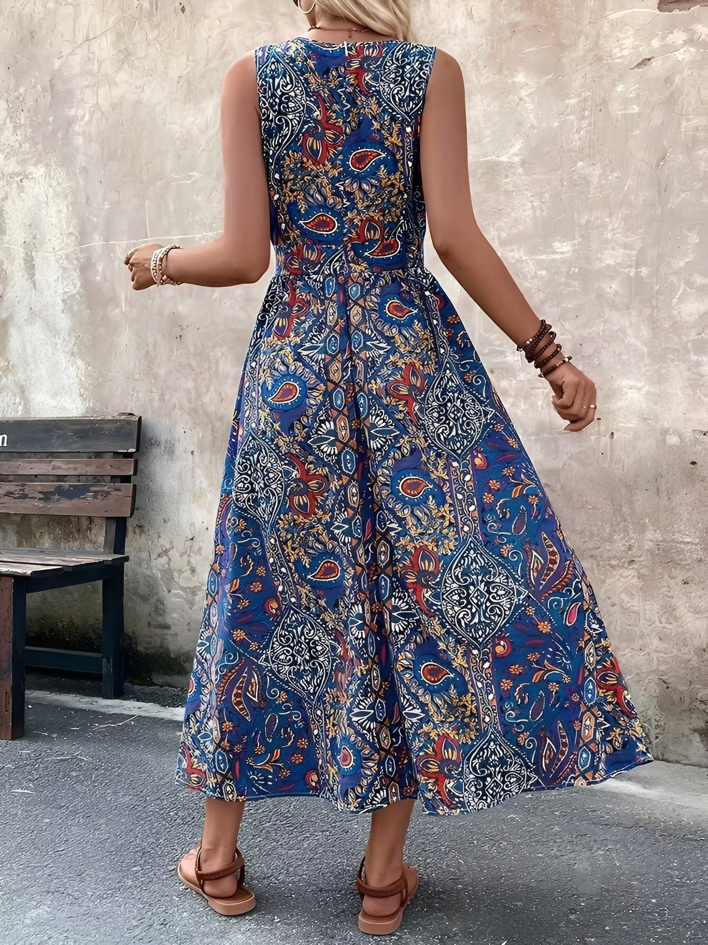 Boho Paisley V Neck Sleeveless Slit Romper Dress