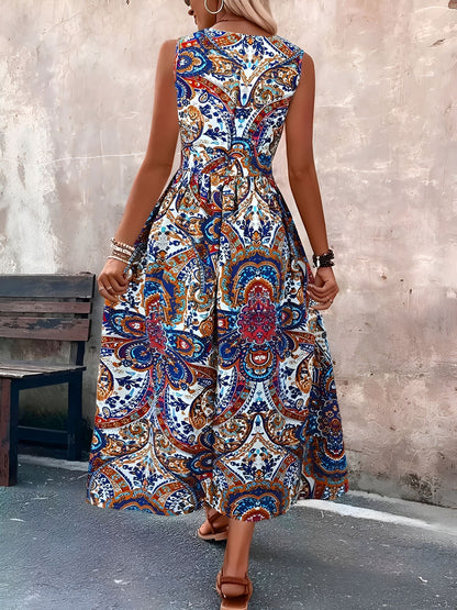 Boho Paisley V Neck Sleeveless Slit Romper Dress