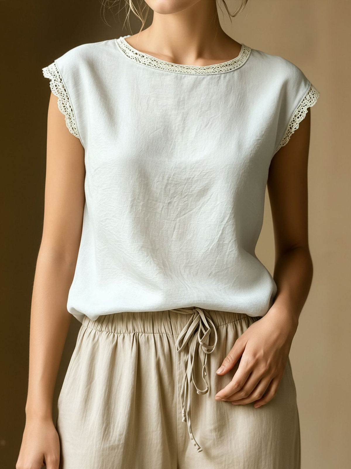 Round Neck Lace Casual Cap Sleeves Blouse