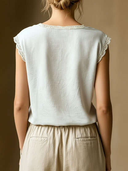 Round Neck Lace Casual Cap Sleeves Blouse