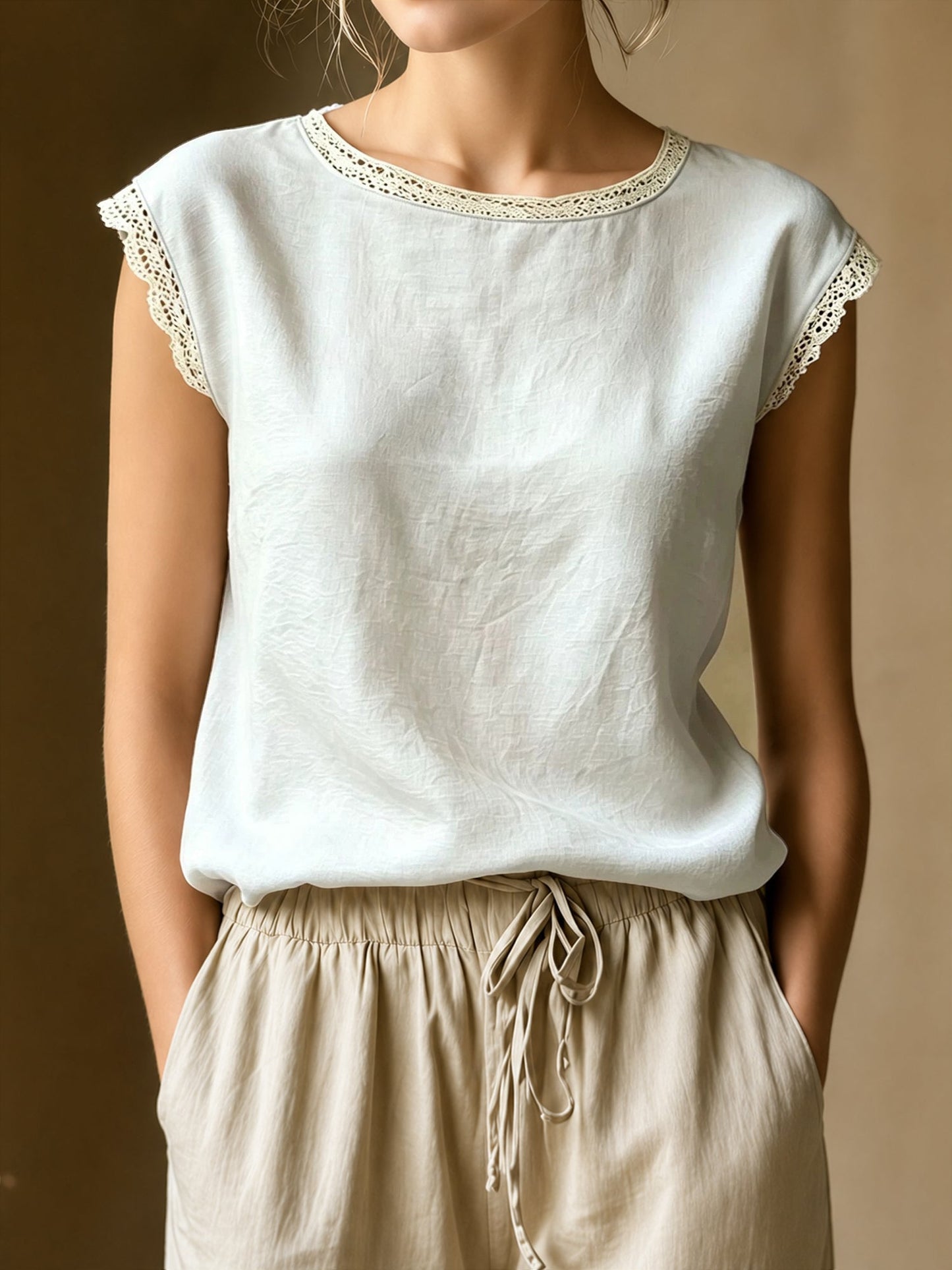 Round Neck Lace Casual Cap Sleeves Blouse