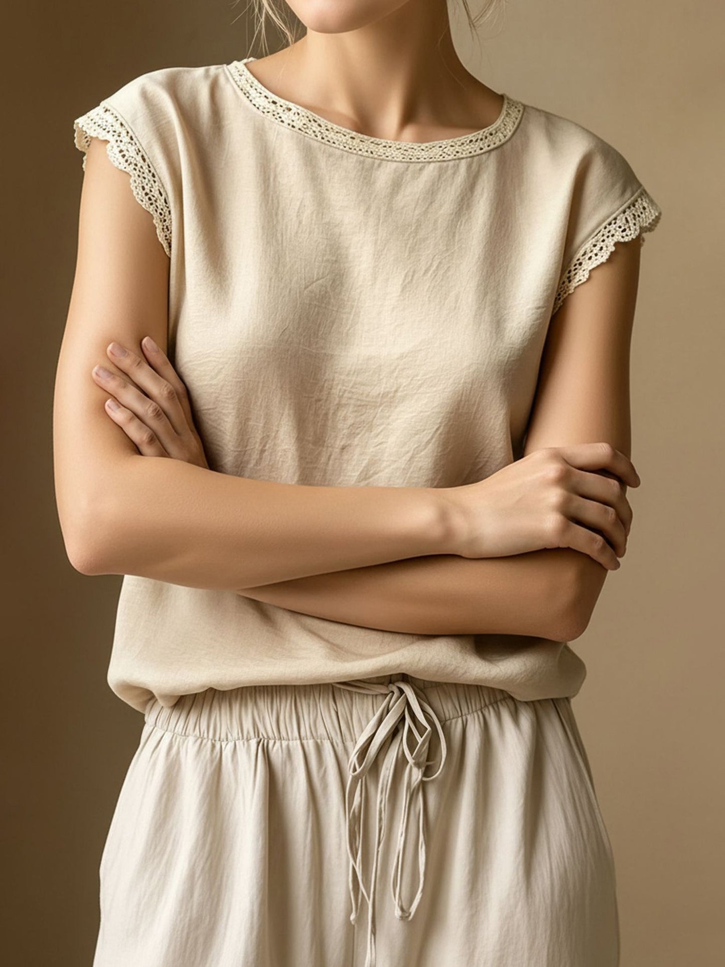 Round Neck Lace Casual Cap Sleeves Blouse