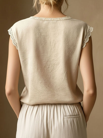 Round Neck Lace Casual Cap Sleeves Blouse