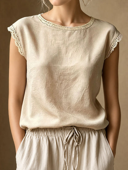 Round Neck Lace Casual Cap Sleeves Blouse