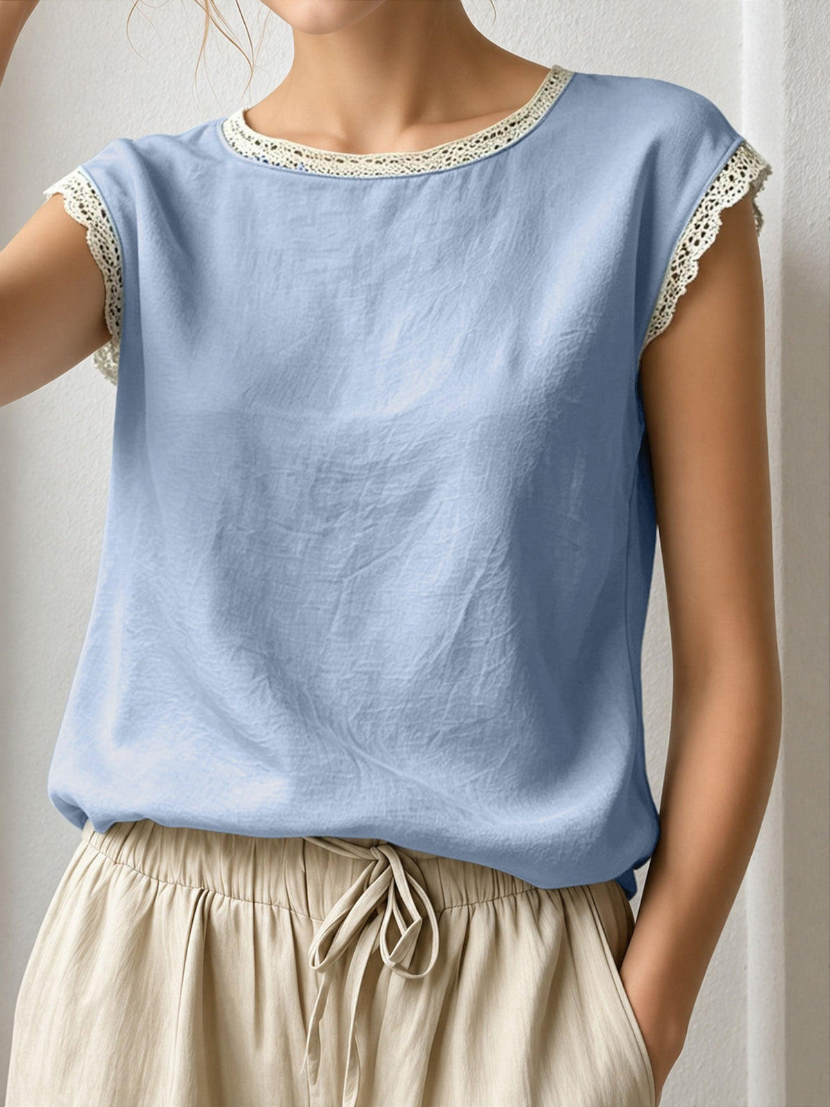 Round Neck Lace Casual Cap Sleeves Blouse