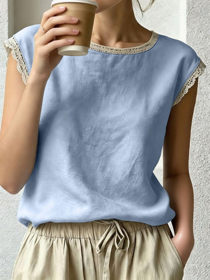 Round Neck Lace Casual Cap Sleeves Blouse