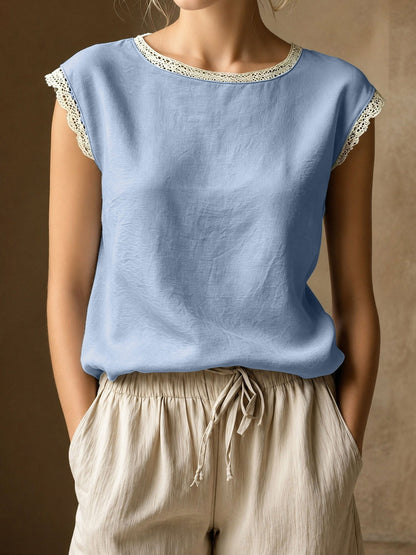 Round Neck Lace Casual Cap Sleeves Blouse