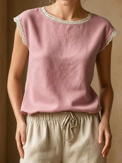 Round Neck Lace Casual Cap Sleeves Blouse