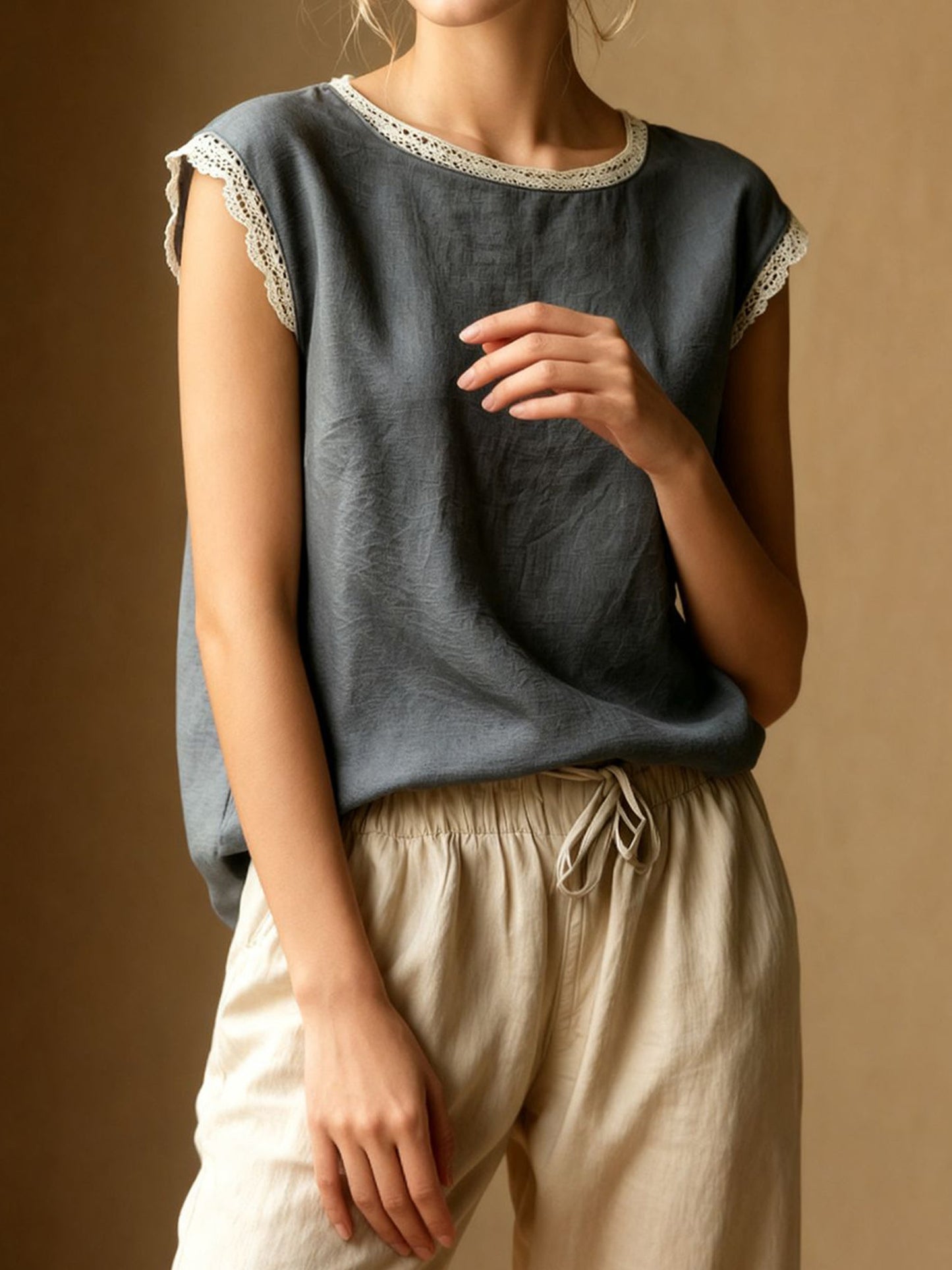 Round Neck Lace Casual Cap Sleeves Blouse