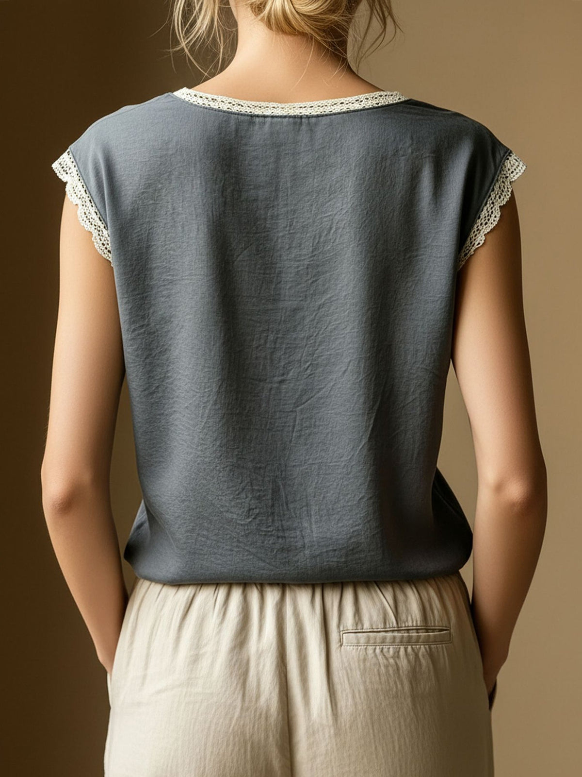 Round Neck Lace Casual Cap Sleeves Blouse