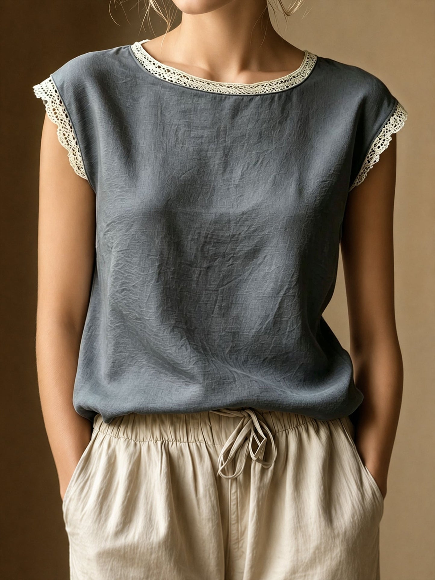 Round Neck Lace Casual Cap Sleeves Blouse