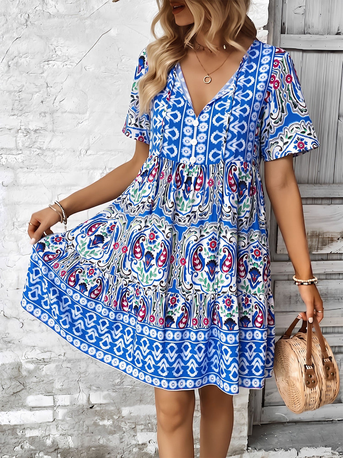 Boho Printed V Neck Loose Fitting Mini Dress