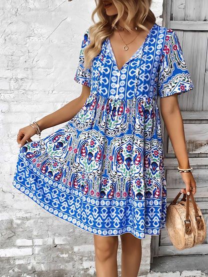 Boho Printed V Neck Loose Fitting Mini Dress