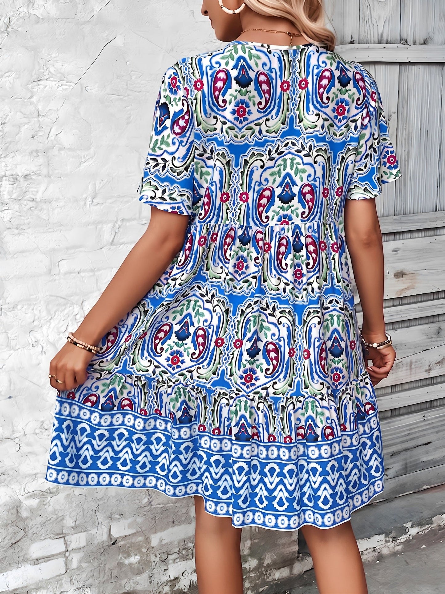 Boho Printed V Neck Loose Fitting Mini Dress