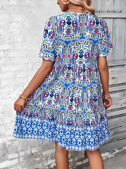 Boho Printed V Neck Loose Fitting Mini Dress