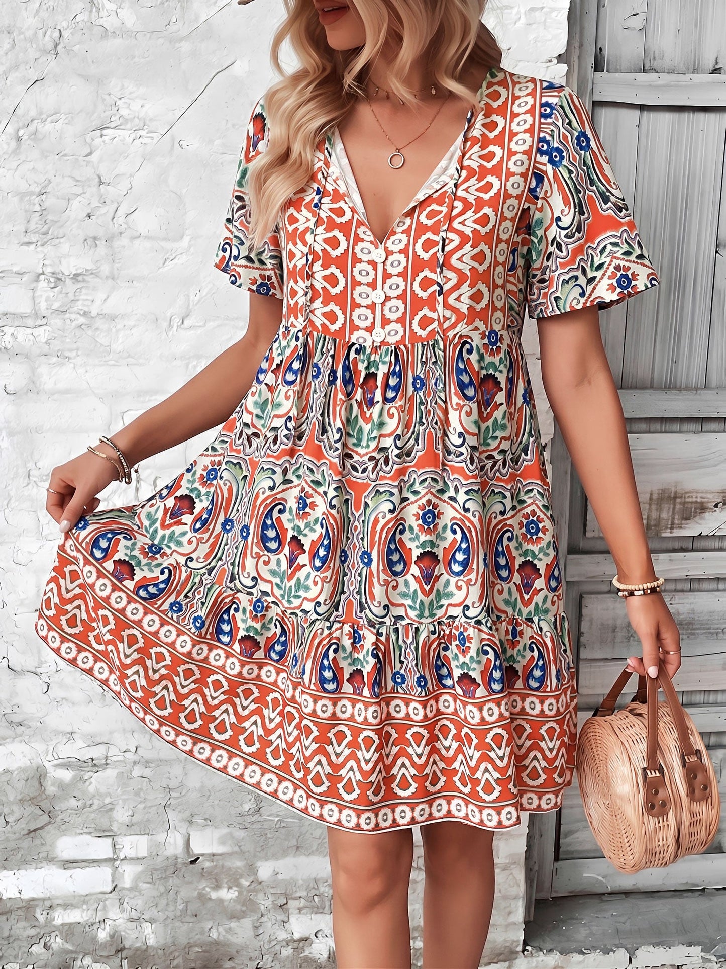 Boho Printed V Neck Loose Fitting Mini Dress