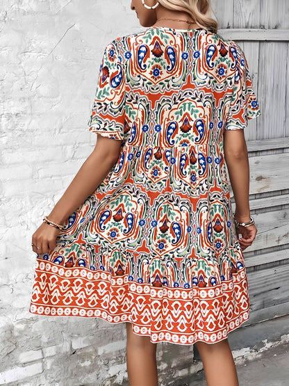 Boho Printed V Neck Loose Fitting Mini Dress