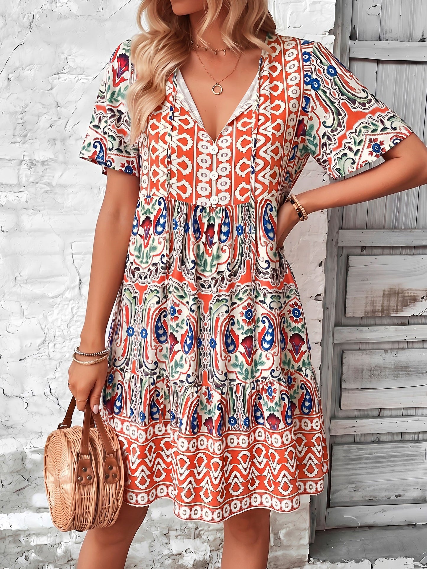Boho Printed V Neck Loose Fitting Mini Dress