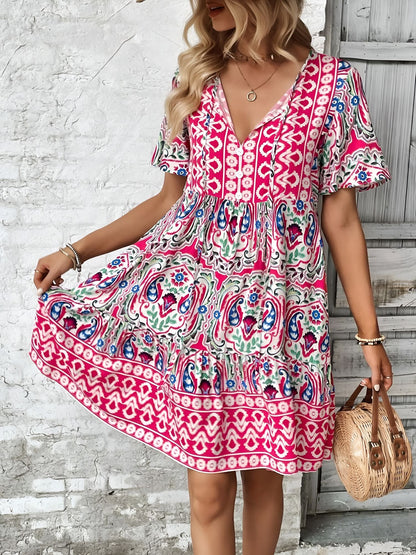 Boho Printed V Neck Loose Fitting Mini Dress