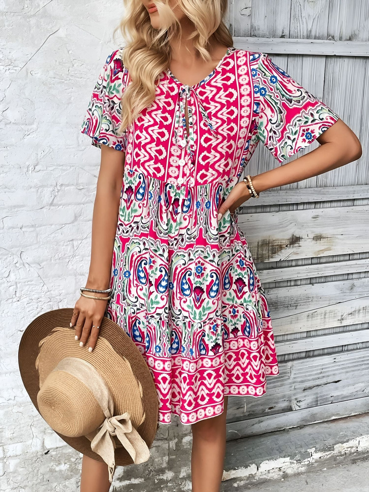Boho Printed V Neck Loose Fitting Mini Dress