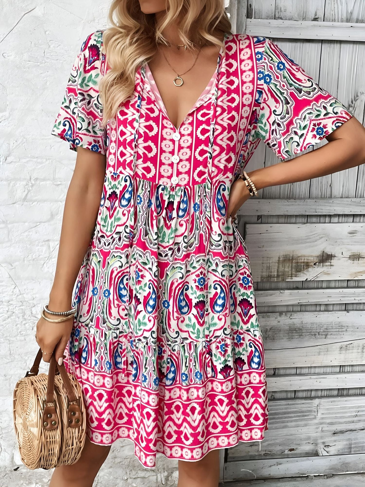 Boho Printed V Neck Loose Fitting Mini Dress