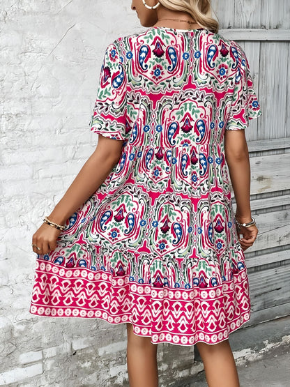 Boho Printed V Neck Loose Fitting Mini Dress