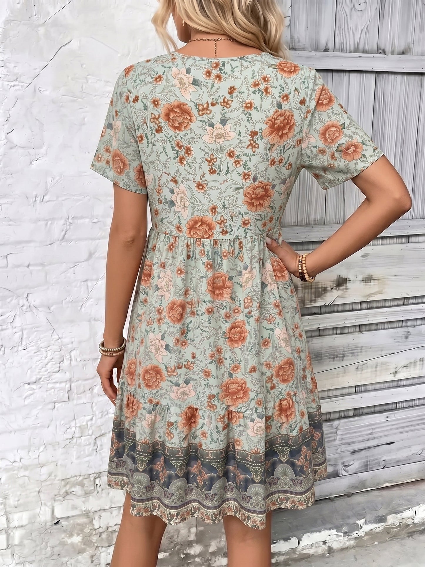Boho Printed V Neck Loose Fitting Mini Dress