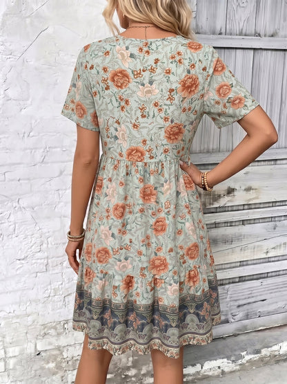 Boho Printed V Neck Loose Fitting Mini Dress