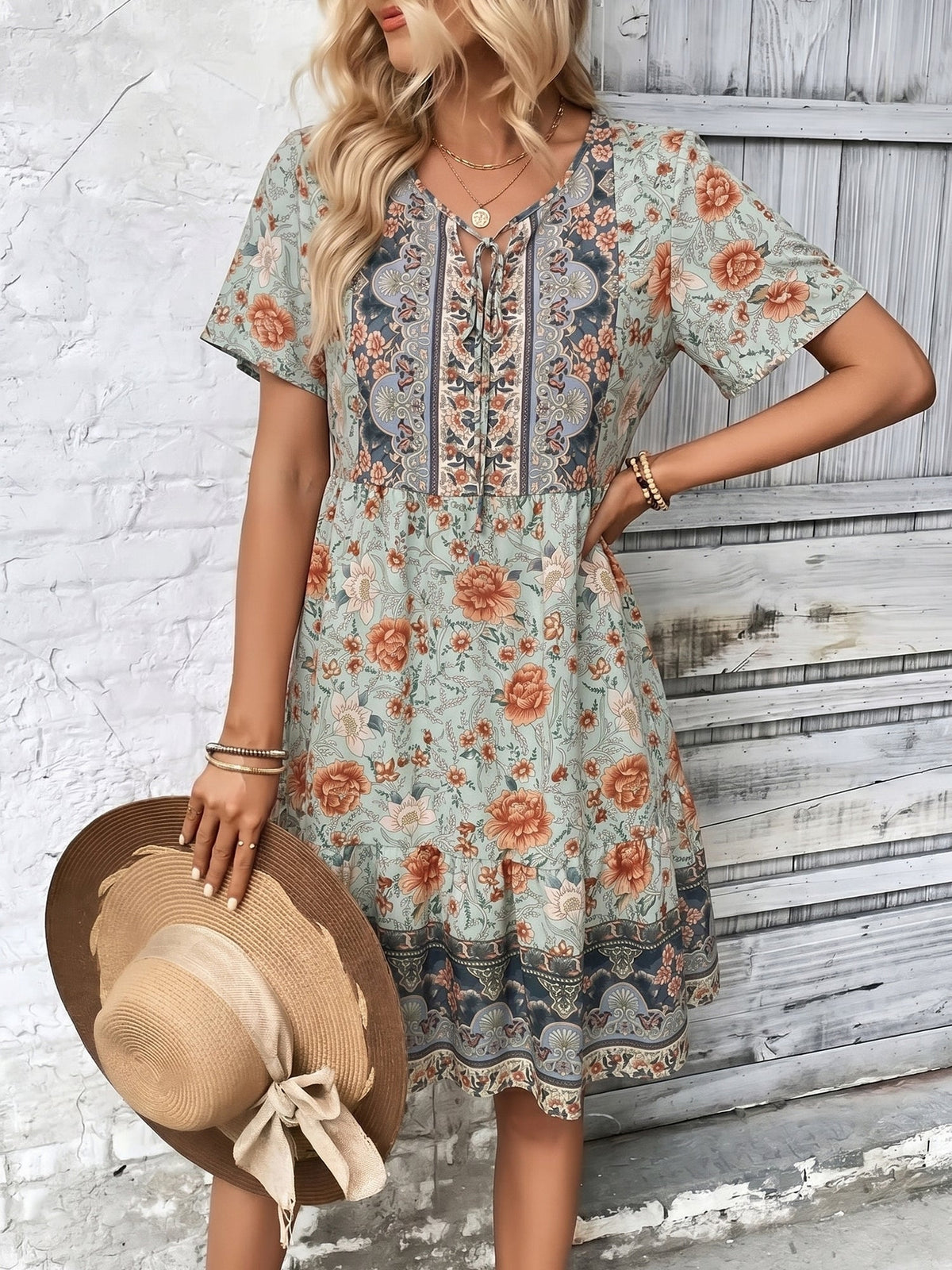 Boho Printed V Neck Loose Fitting Mini Dress