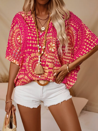Casual V Neck Boho Printed Batwing Sleeve Resort Blouse
