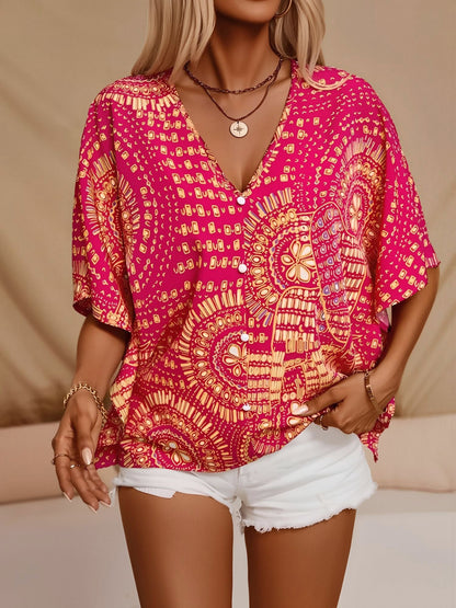 Casual V Neck Boho Printed Batwing Sleeve Resort Blouse