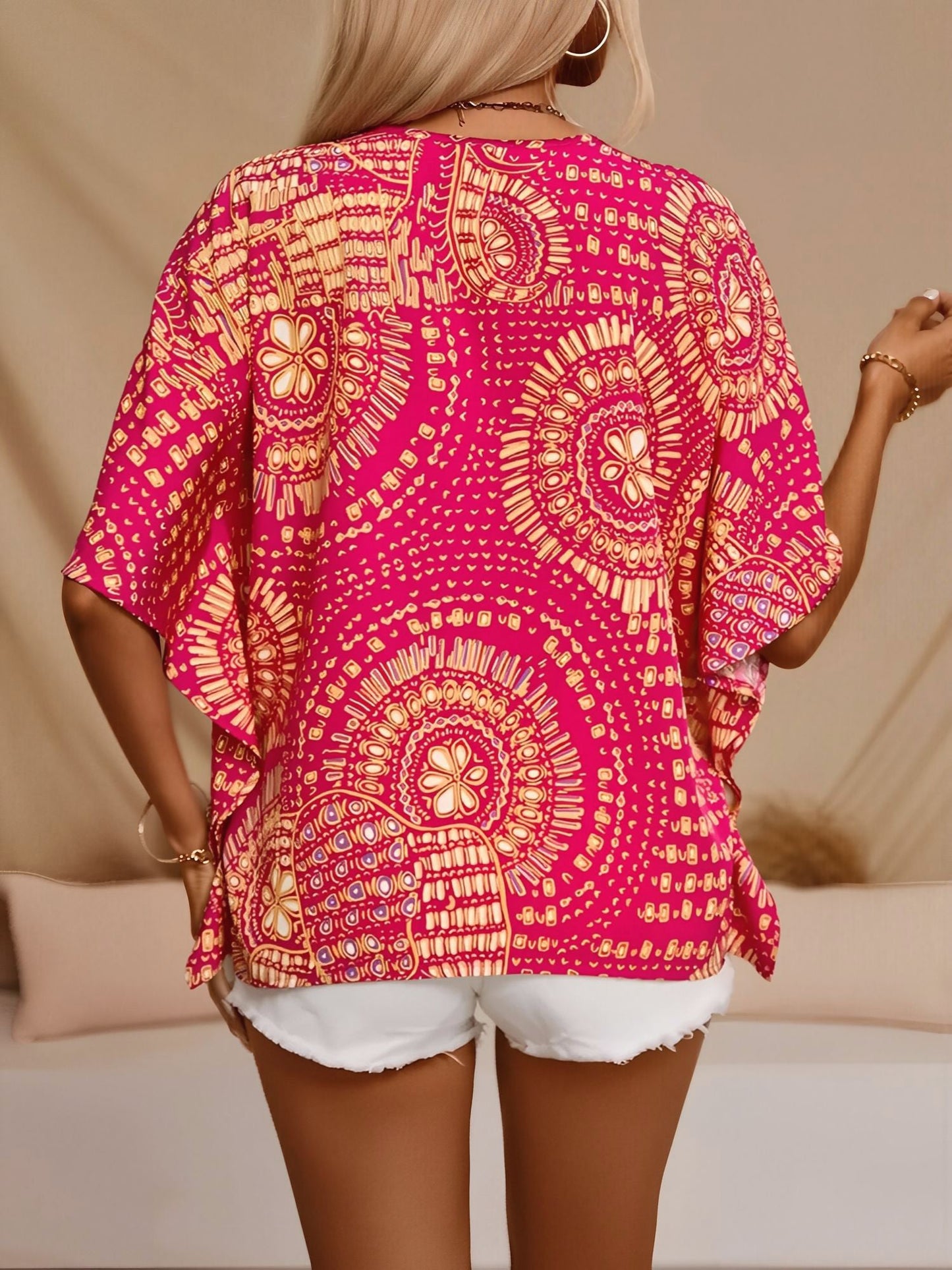 Casual V Neck Boho Printed Batwing Sleeve Resort Blouse
