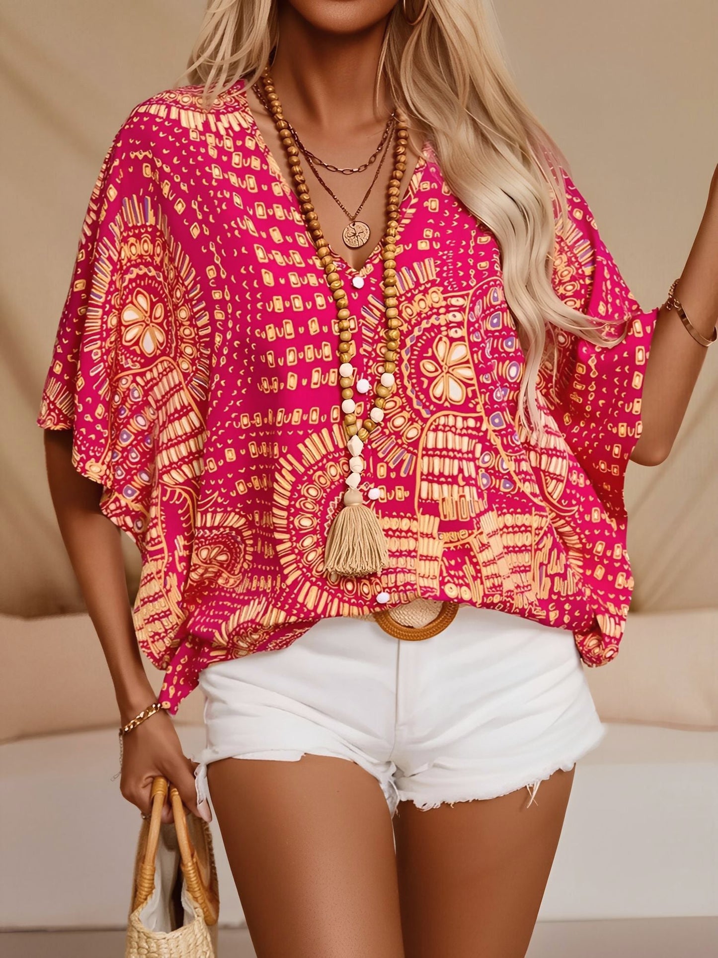 Casual V Neck Boho Printed Batwing Sleeve Resort Blouse