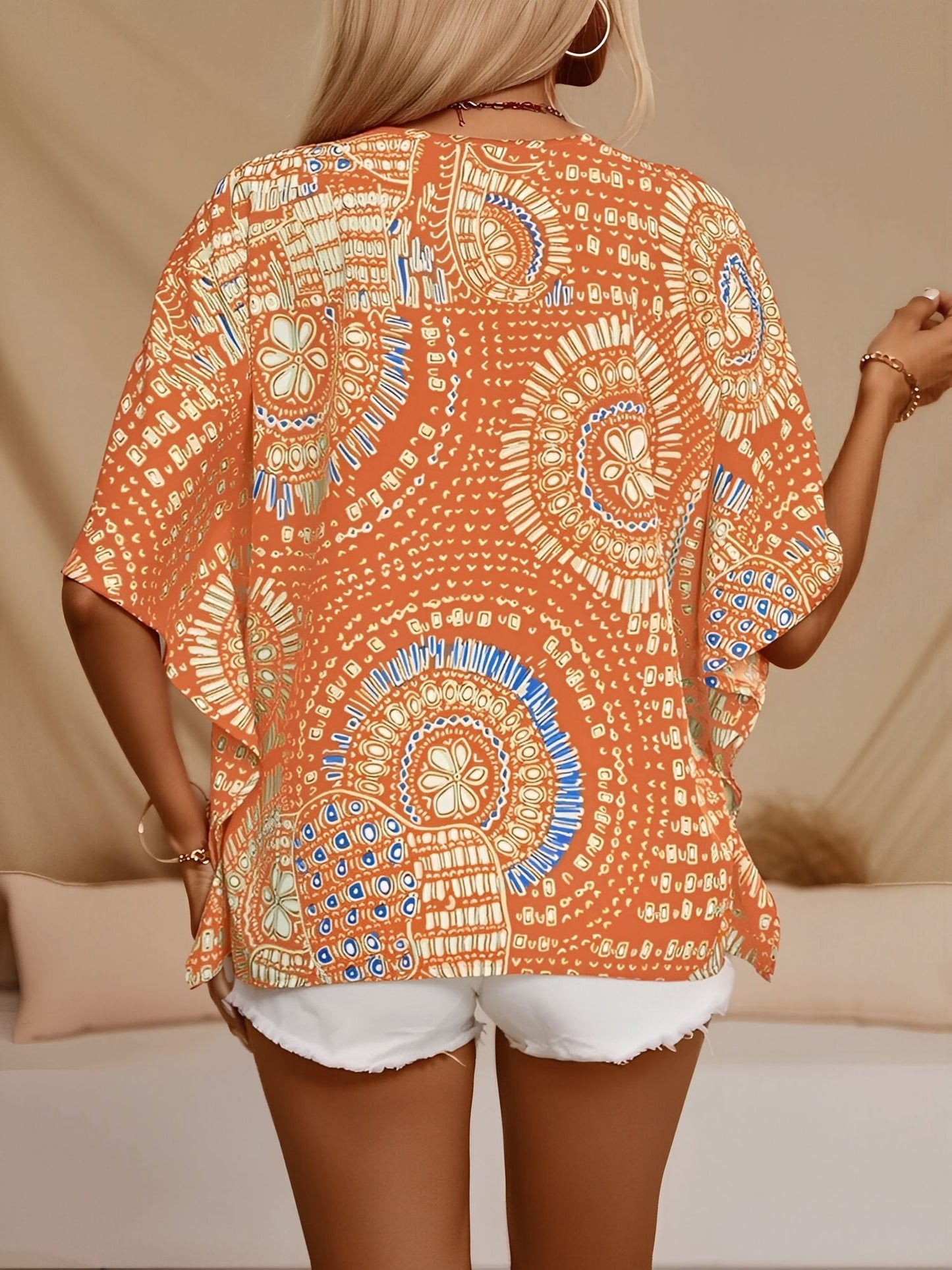 Casual V Neck Boho Printed Batwing Sleeve Resort Blouse