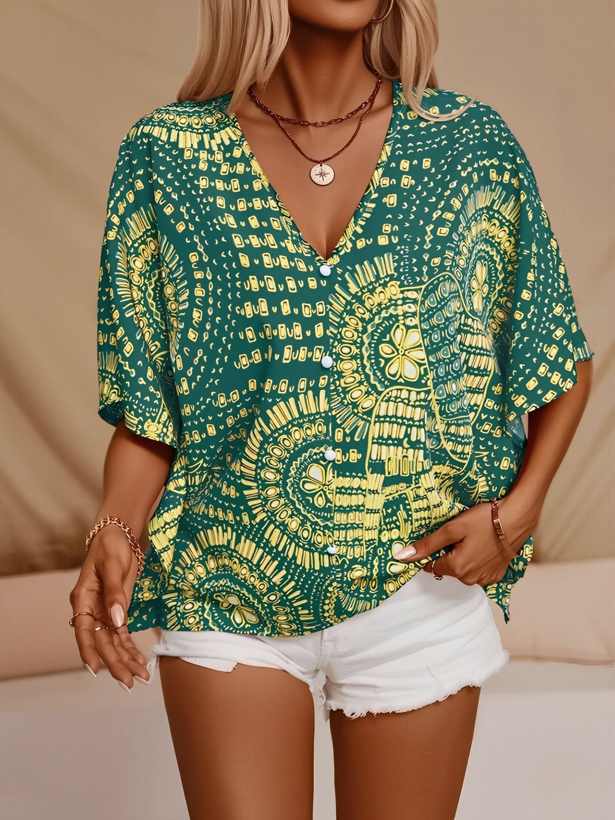 Casual V Neck Boho Printed Batwing Sleeve Resort Blouse