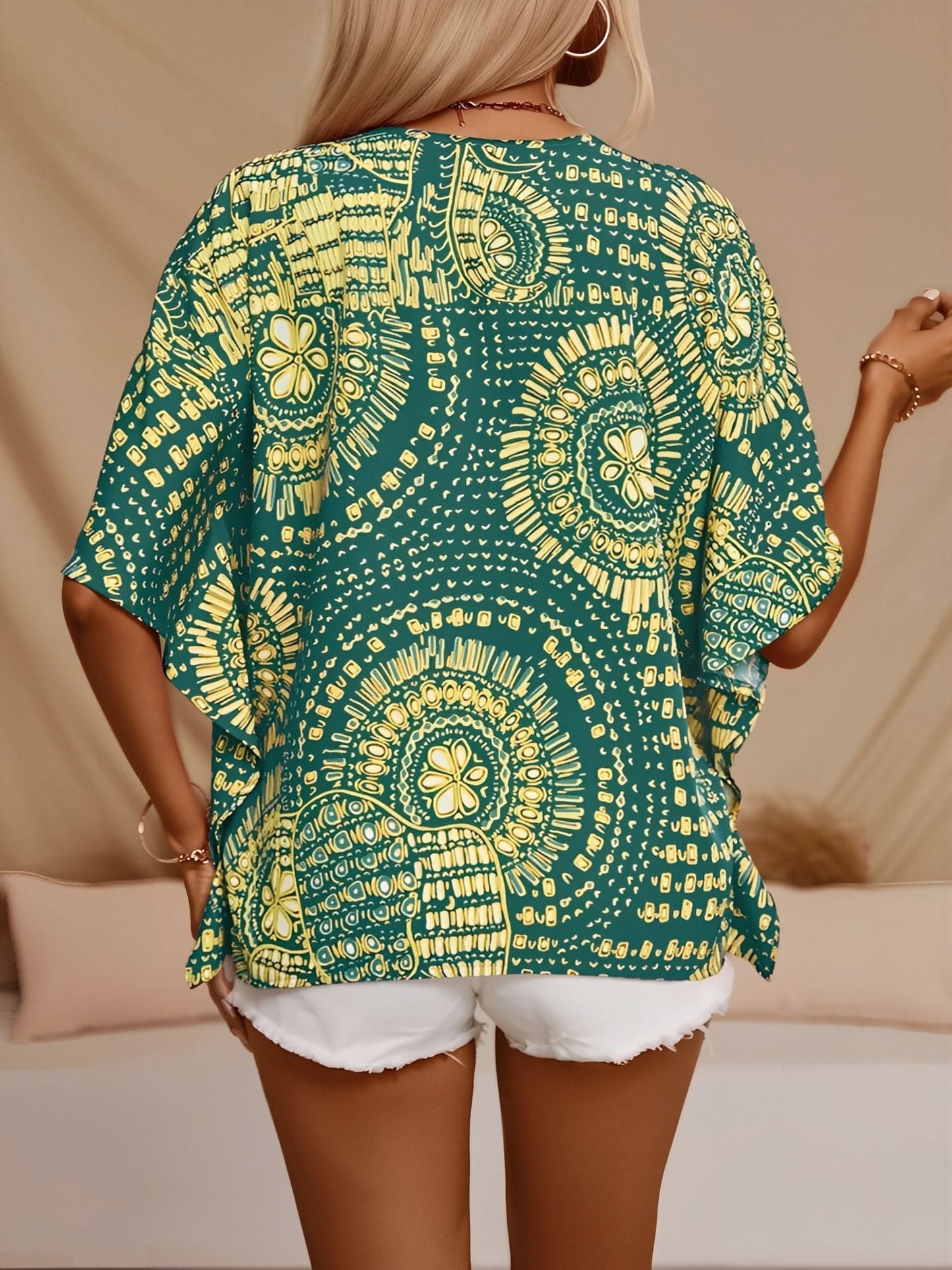 Casual V Neck Boho Printed Batwing Sleeve Resort Blouse