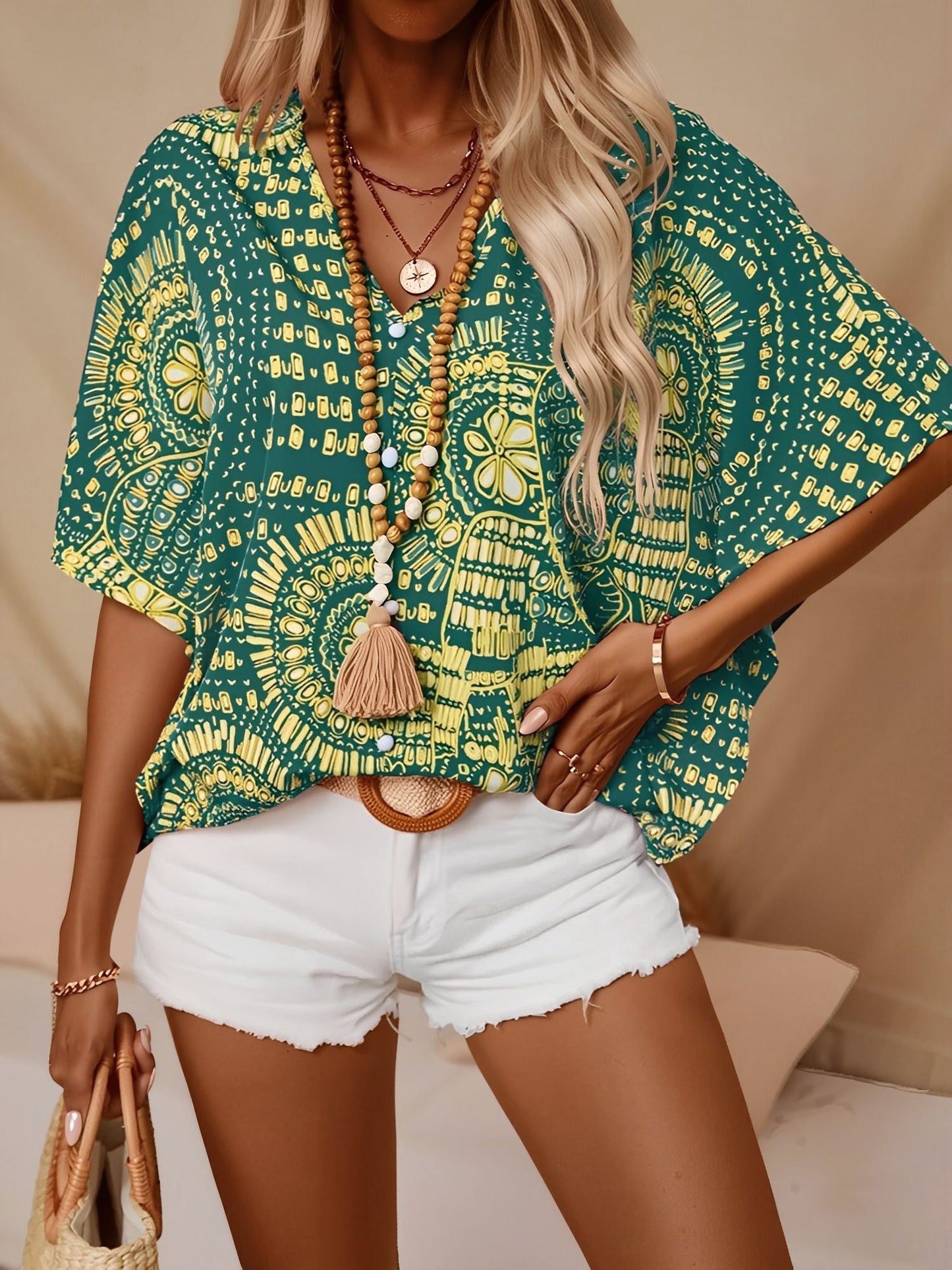 Casual V Neck Boho Printed Batwing Sleeve Resort Blouse