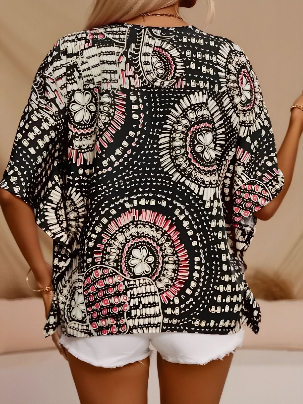 Casual V Neck Boho Printed Batwing Sleeve Resort Blouse