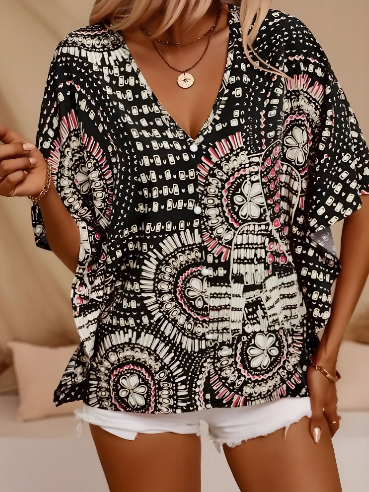 Casual V Neck Boho Printed Batwing Sleeve Resort Blouse