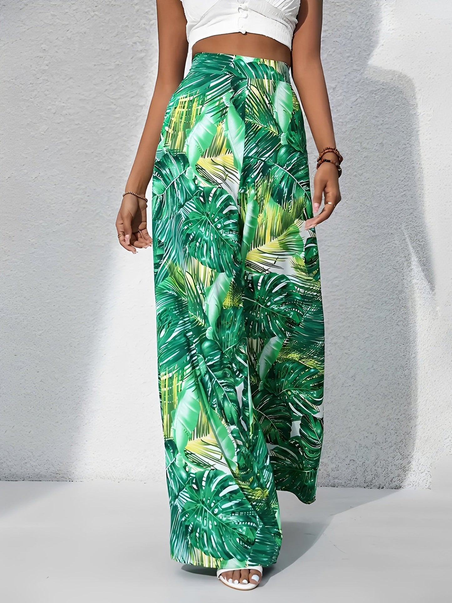 Tropical Printed Casual High-Waisted Wide-Leg Trousers Pants