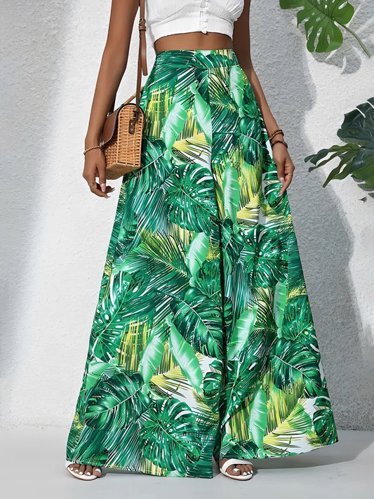 Tropical Printed Casual High-Waisted Wide-Leg Trousers Pants