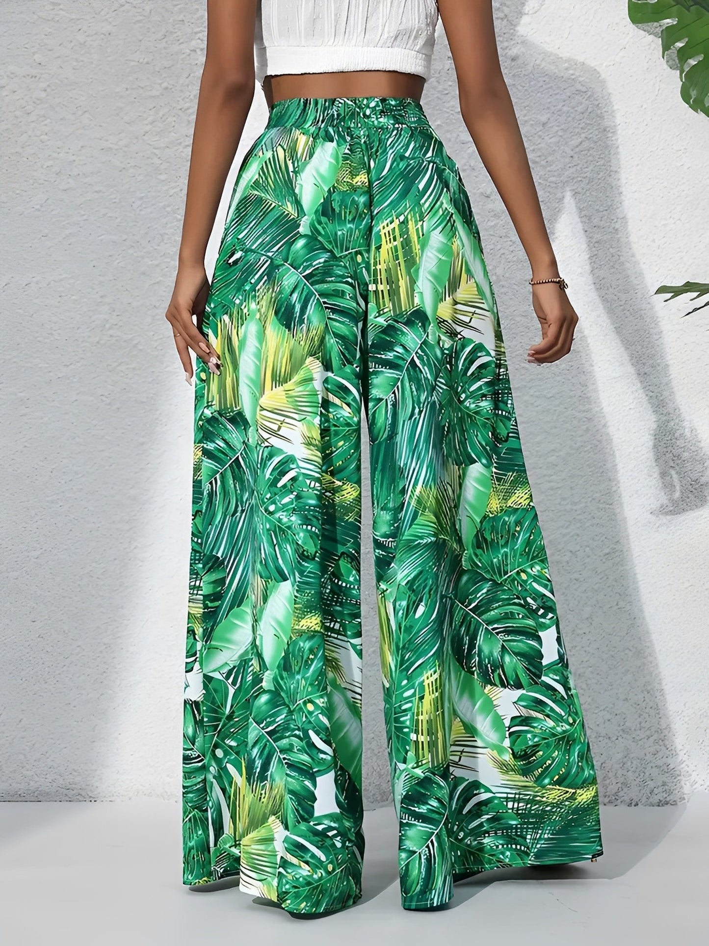 Tropical Printed Casual High-Waisted Wide-Leg Trousers Pants