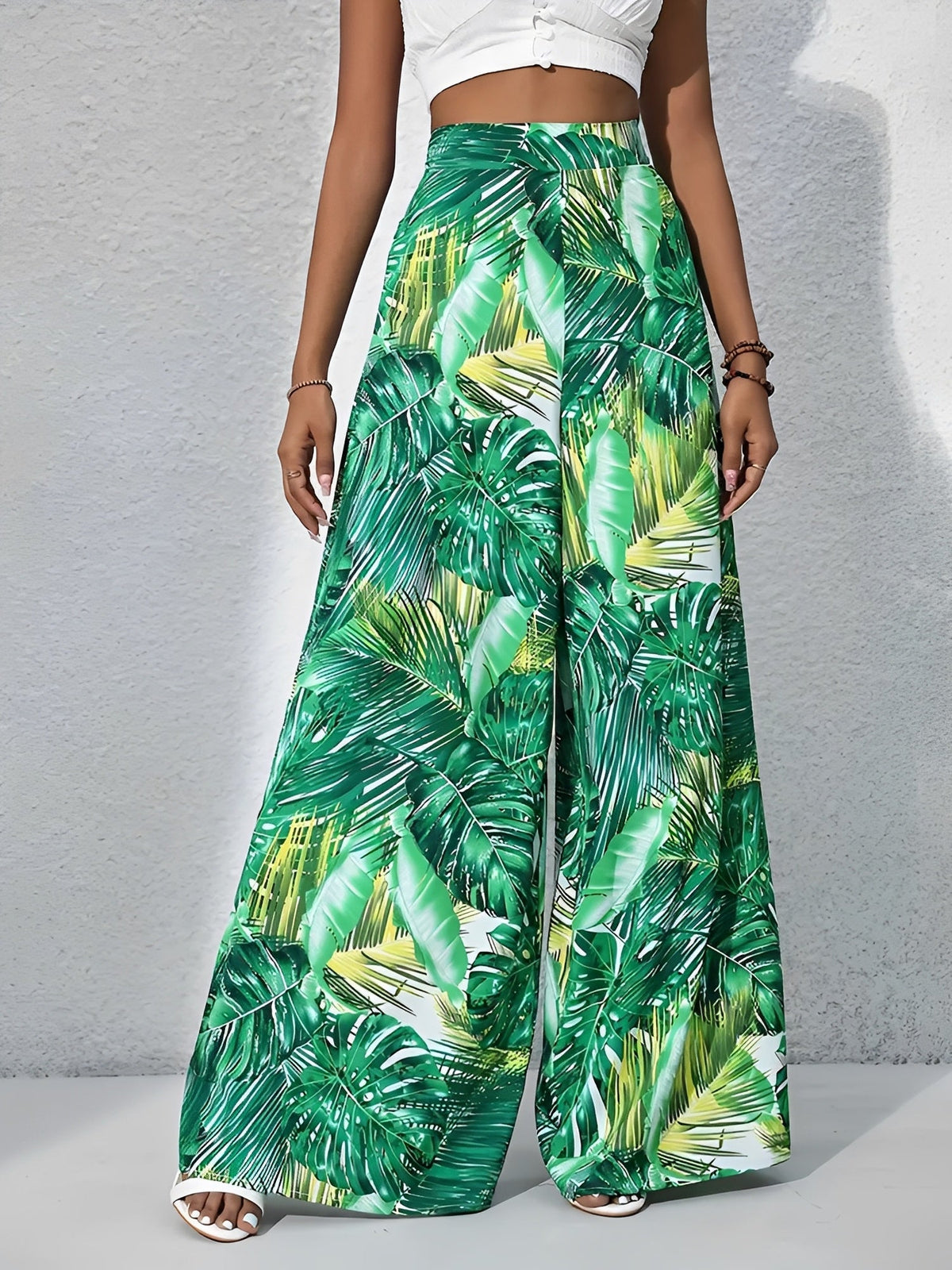Tropical Printed Casual High-Waisted Wide-Leg Trousers Pants
