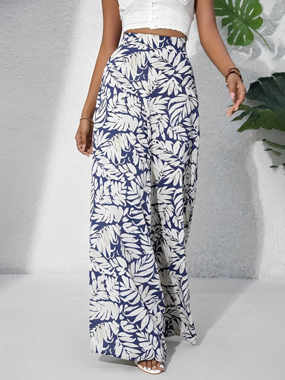 Tropical Printed Casual High-Waisted Wide-Leg Trousers Pants